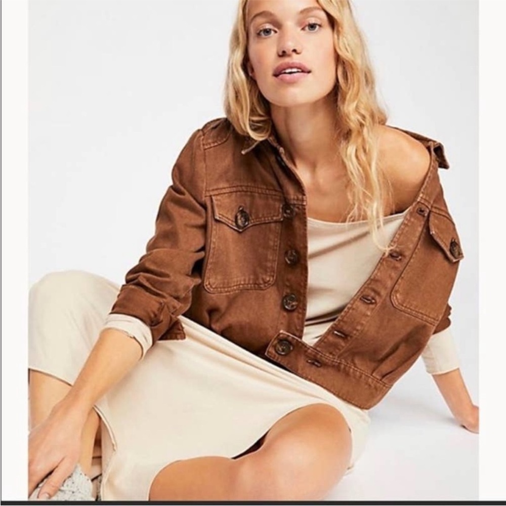 Free People brown Slouchy Denim Canvas crop jacket - Picture 2 of 10